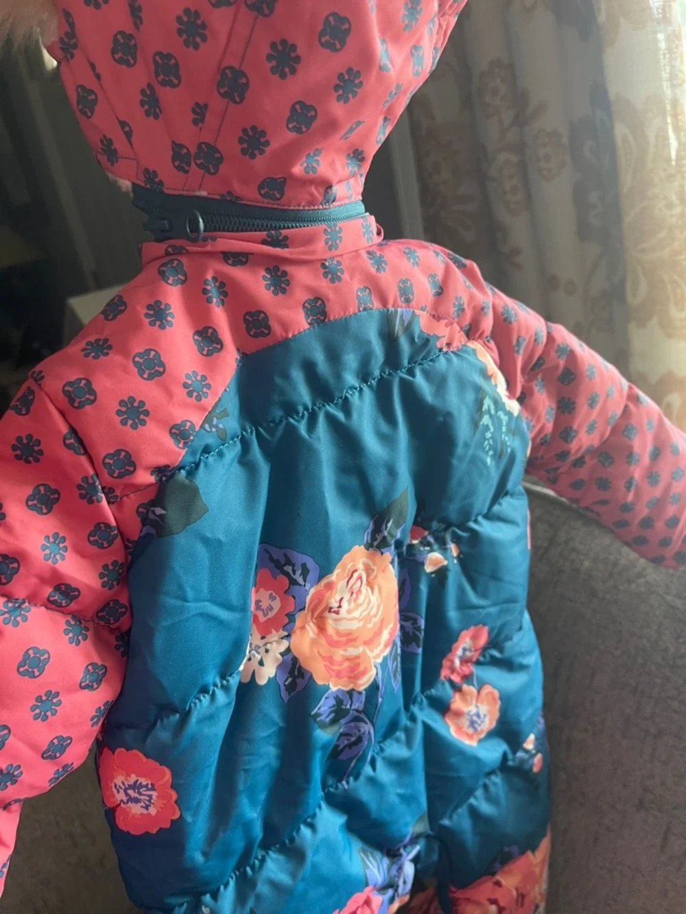 Matilda Jane Teal Floral Puffer Footed Snowsuit with Coral Pink Sleeves - Picture 5 of 5